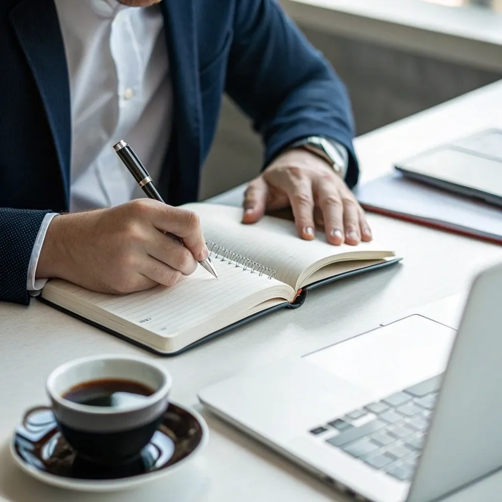 Business professional writing on notebook
