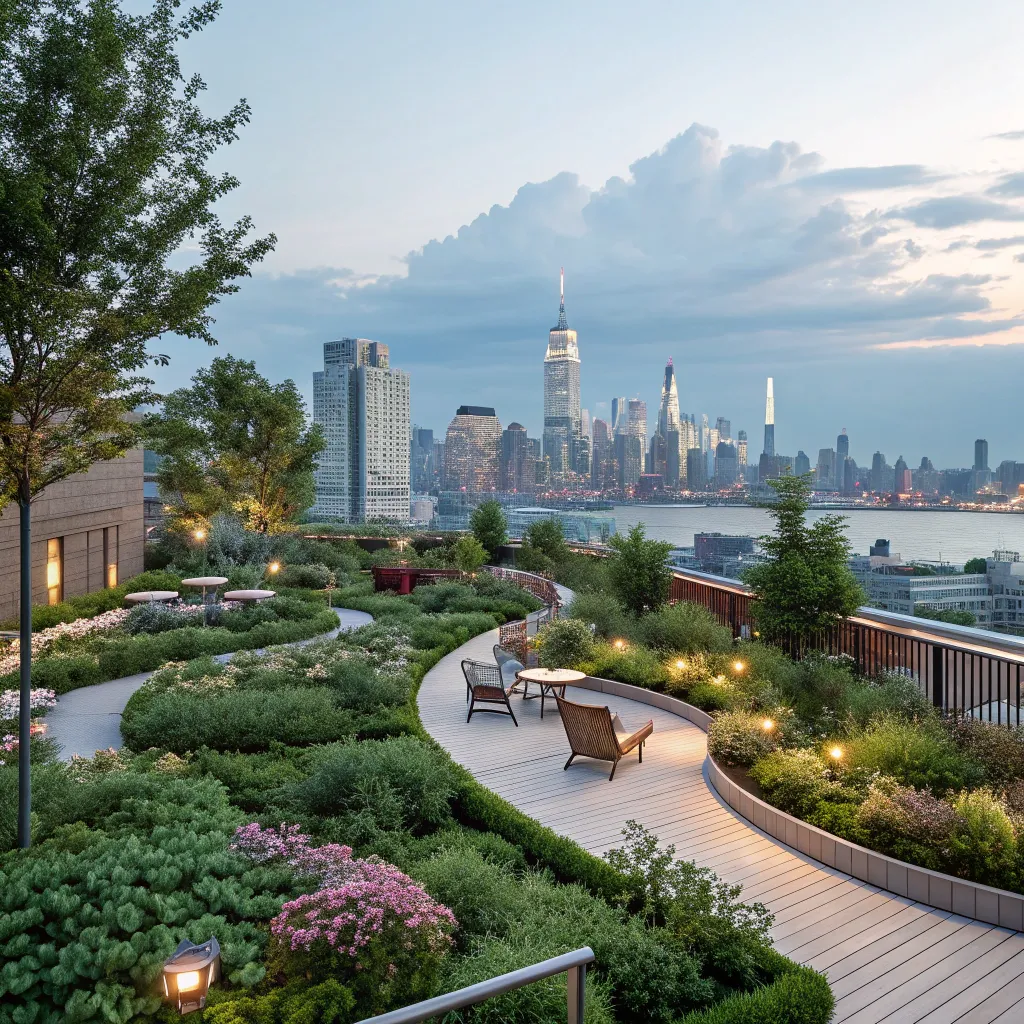 Scenic view of a rooftop garden with city skyline